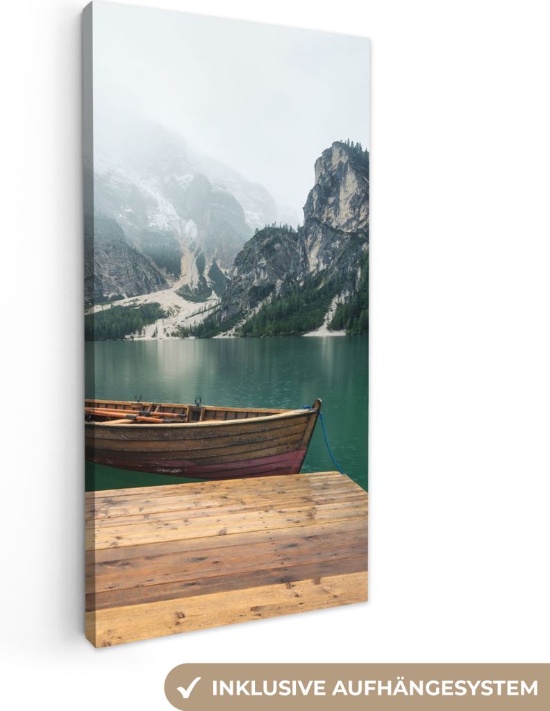 MuchoWow - Leinwandbilder - Nebel - Schnee - Berg - Boot, Wandbild, Wanddeko Bilder Wohnzimmer, 20x40 cm