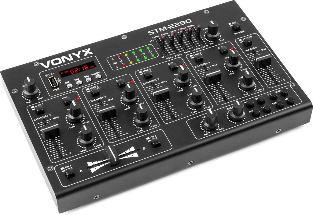 Skytec STM-2290 DJ-Mischpult DJ-Mischer FX 6-Kanal-Mixer mit Bluetooth USB-Port SD-Slot sowie Cinch- und Klinken-Eingängen (2-Band EQ, Metallgehä...