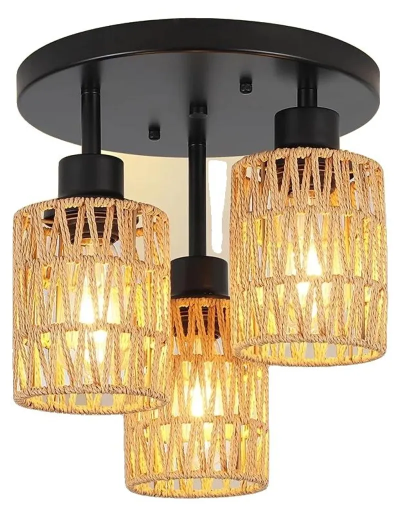 Luminaire rotin jaune 3 lampes pour salle à manger et salon chic