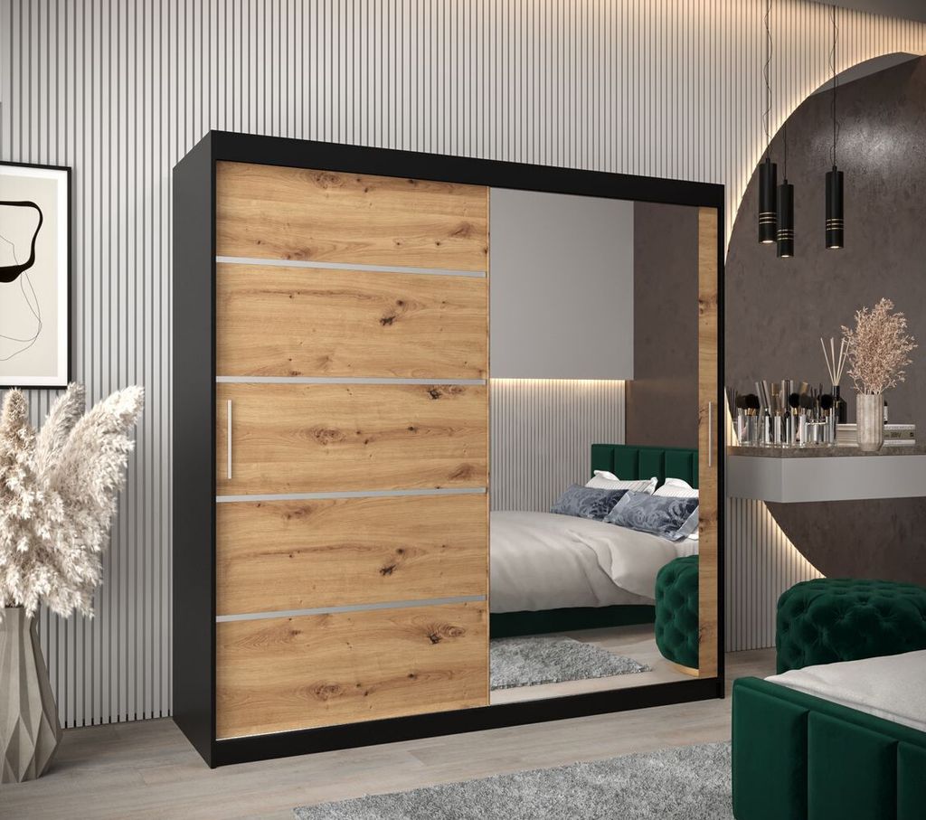 Spiegel-Kleiderschrank ADELA – 200 cm, schwarz / Eiche artisan