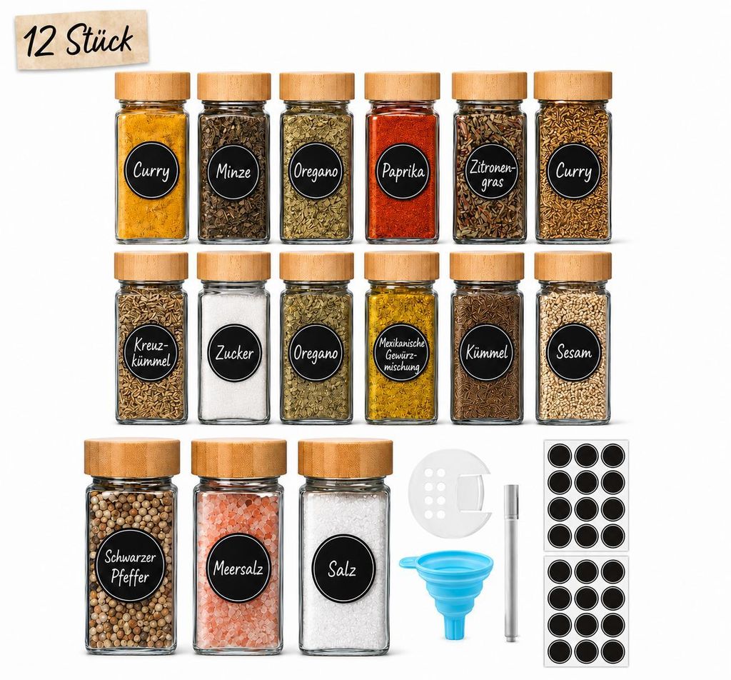 Gewürzgläser Set 12 Stück 120ml mit Deckel Gewürzbehälter Produktbild 