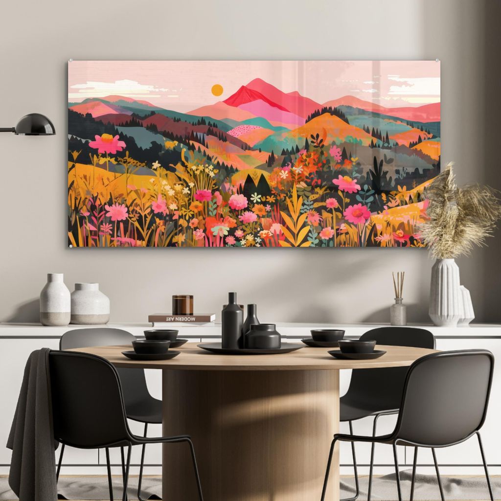 MuchoWow Glasbilder - Bilder auf Wandbild - Foto auf Glas Sonnenuntergang - Bergtal - Kontrast 120x60 cm Wanddekoration aus Glas - Acrylglasbild - ...