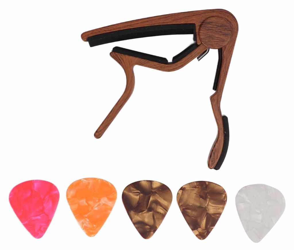 Capo-Schnellverschluss-Saitenklemmen-Set mit 5 Gitarrenplektren für Bass und Banjo, dunkle Holzfarbe