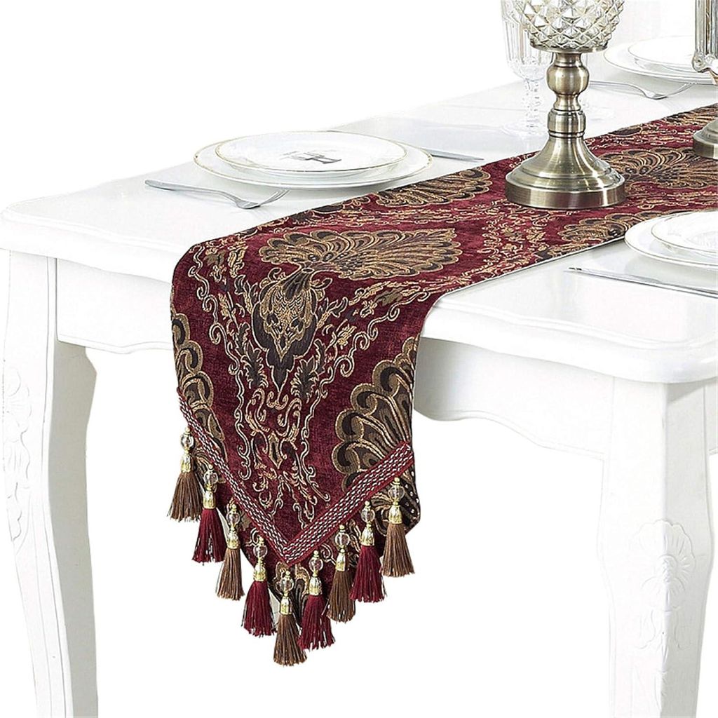Bettery Home Stickerei Luxus Tisch Läufer Shore Jacquard Stoff mehrere Quasten Esszimmer Brustschubladen Hochzeitsfeier Dekorationen 33 x 250 cm rot