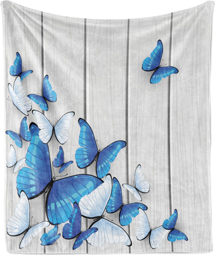 ABAKUHAUS Schmetterlinge Weich Flanell Fleece Decke, Blaue und weiße Schmetterlinge auf Bauholzwand rustikalem Leben, 175 x 230 cm, Weiß Blau Grau