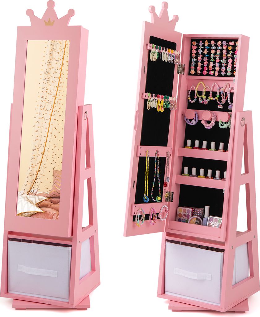 DREAMADE Schmuckschrank für Kinder, 360° schwenkbarer, freistehender Ankleidespiegel in voller Länge mit großer Speicherkapazität, rosa