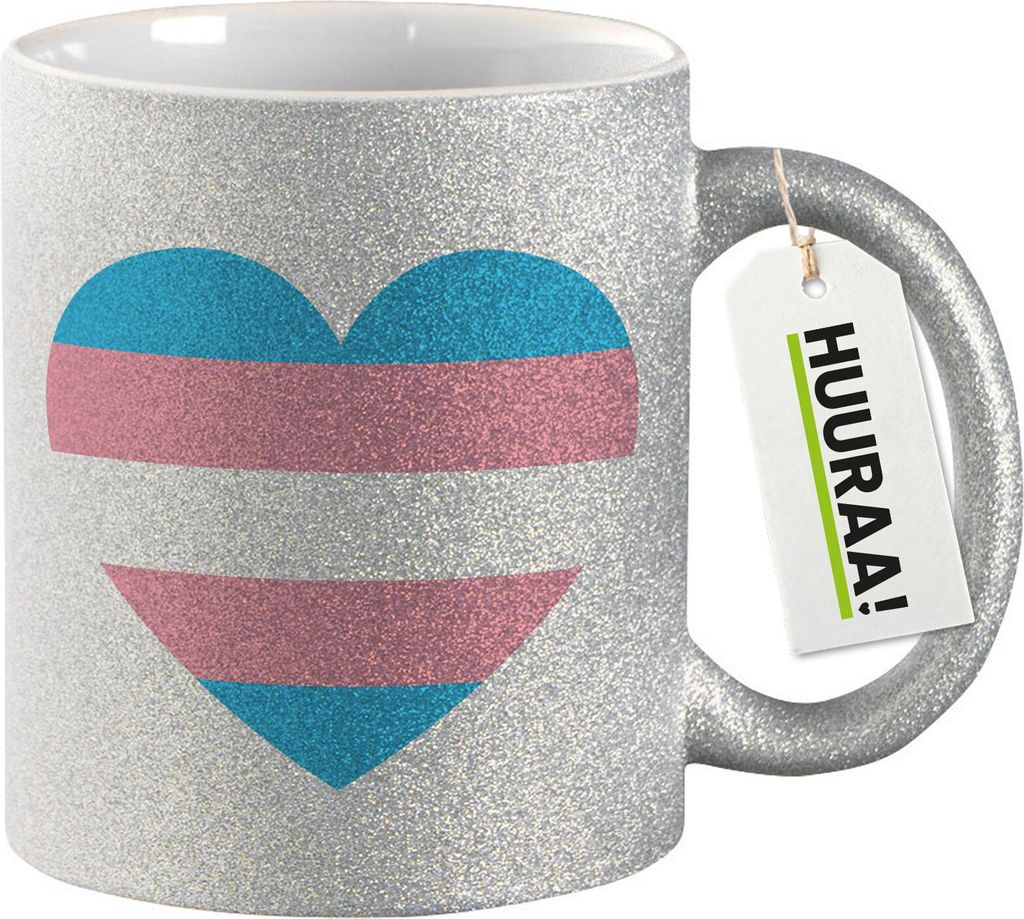 Huuraa Glitzertasse Trans Pride Flagge LGBTQ Herz 330ml Silber Keramik Kaffeebecher Geschenkidee
