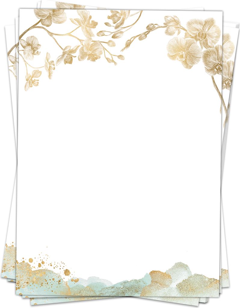 50 Blatt Briefpapier (A4) | Orchideen Gold Look | Motivpapier | edles Design Papier | beidseitig bedruckt | Bastelpapier | 90 g/m²