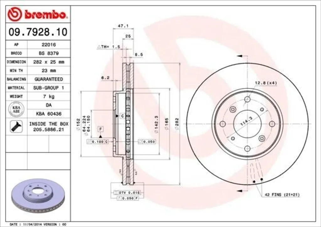 Disque de frein avant plein Brembo 09.7928.10 haute performance 260mm