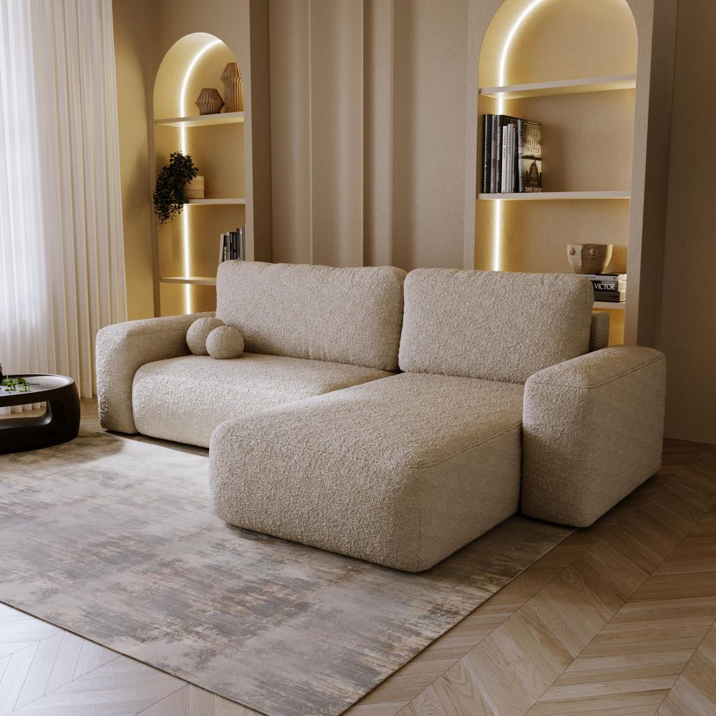 Chilly Fluffy Ecksofa L – Designer Schlafsofa 282x177cm in Bouclé, mit Schlaffunktion & Bettkasten | Quelle 3 Rechts