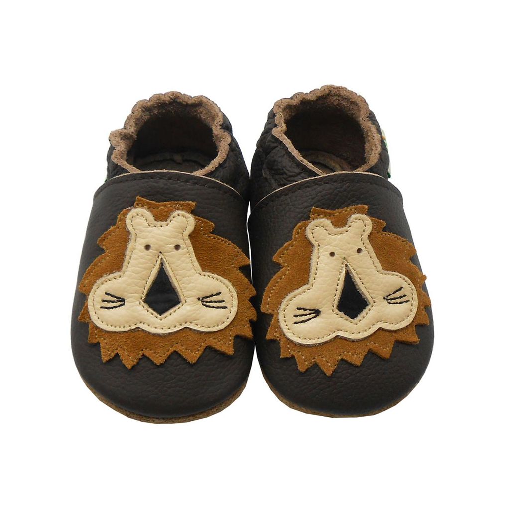 SAYOYO Baby Krabbelschuhe Echtleder,weiche Lauflernschuhe Mädchen&Jungen, rutschfeste Sohle, atmungsaktiv,Löwenmotiv,Dunkelbraun, Gr. M (6–12...