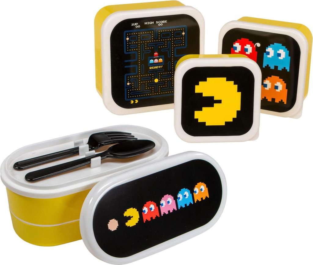 Lunch Snack Boxen Pac-Man 4in1 Set Lunchbox mit Besteck Brotbox Snackbox Pausenbrot