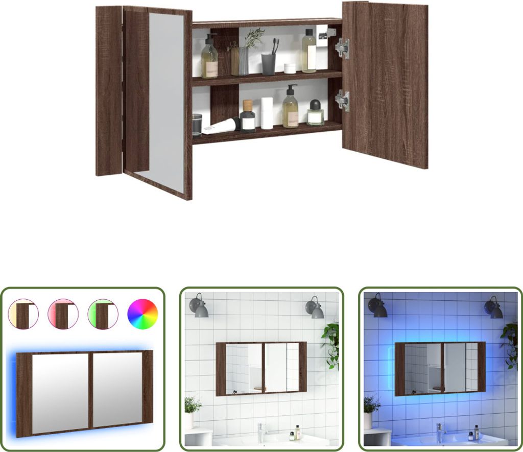 The Living Store LED-Spiegelschrank Braun Eichen-Optik 90x12x45 cm Acryl