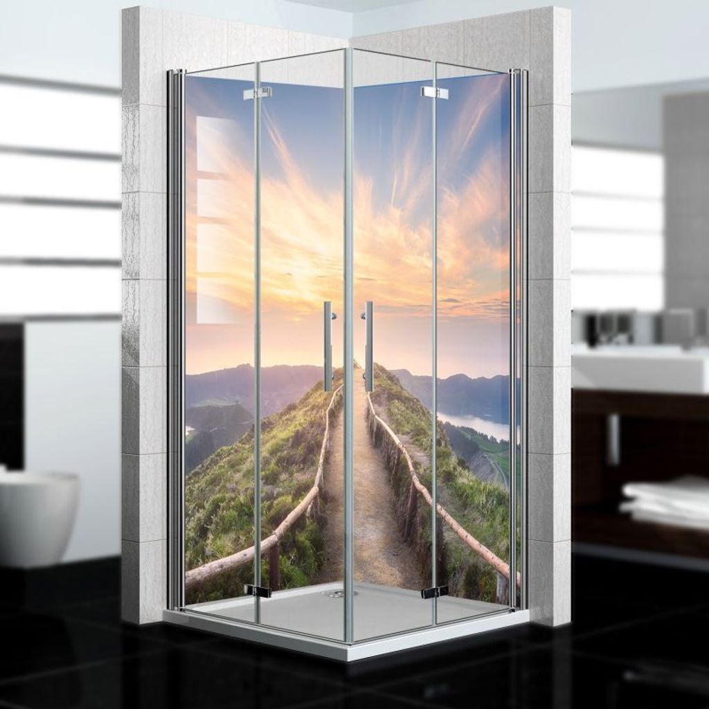 dedeco Eck-Duschrückwände Aluminium wasserfest Motiv: Berg V8, Nano-Protect hochglänzend, 2 x 90x200x0,3cm, Badrückwand, Fliesenersatz fugenlos...