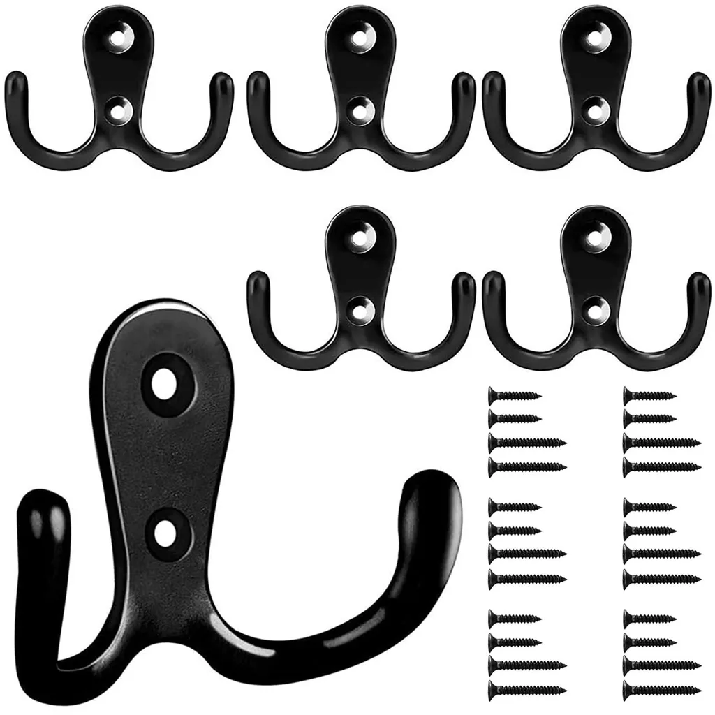 Crochet Mural Double de Style Ancien en Métal Noir pour Rangement x6