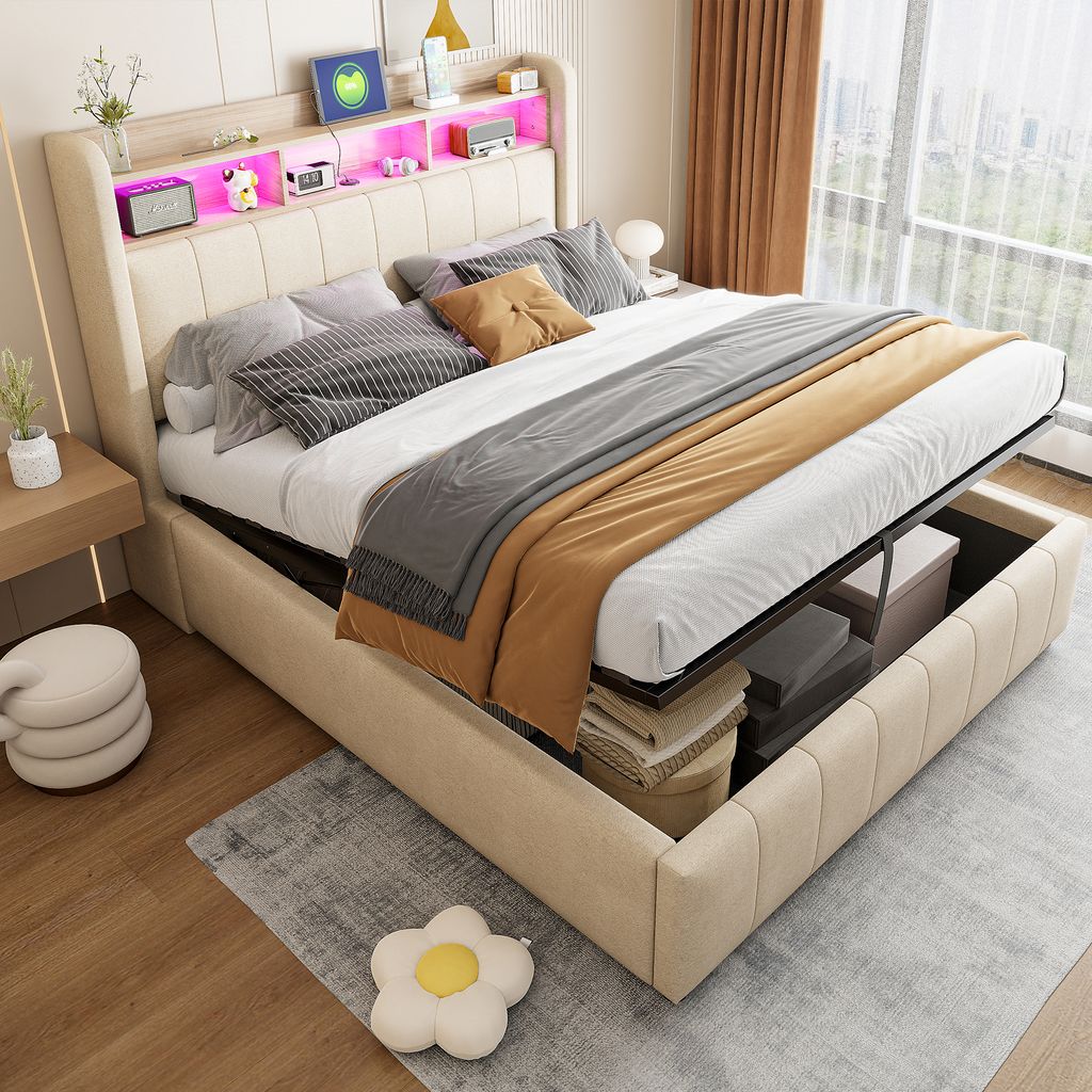 MODFU Doppelbett mit Matratze 140x200 Polsterbett Stauraumbett mit LED-Beleuchtung,Bettkasten und USB-Steckdose, Kopfteil mit Einlegeböden und St...