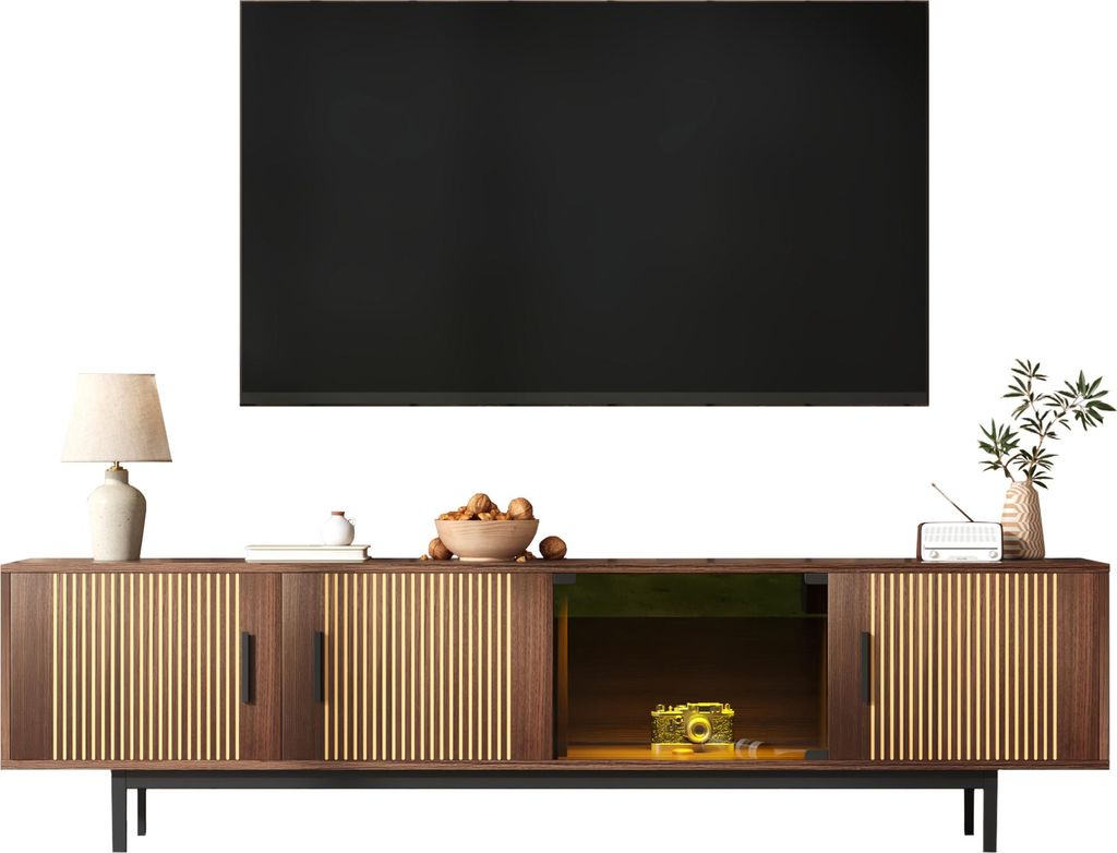 TV-Schrank, lowboard mit geschnitzter Textur, TV-Möbel mit LED-Lichtleiste und Tür aus gehärtetem Glas.