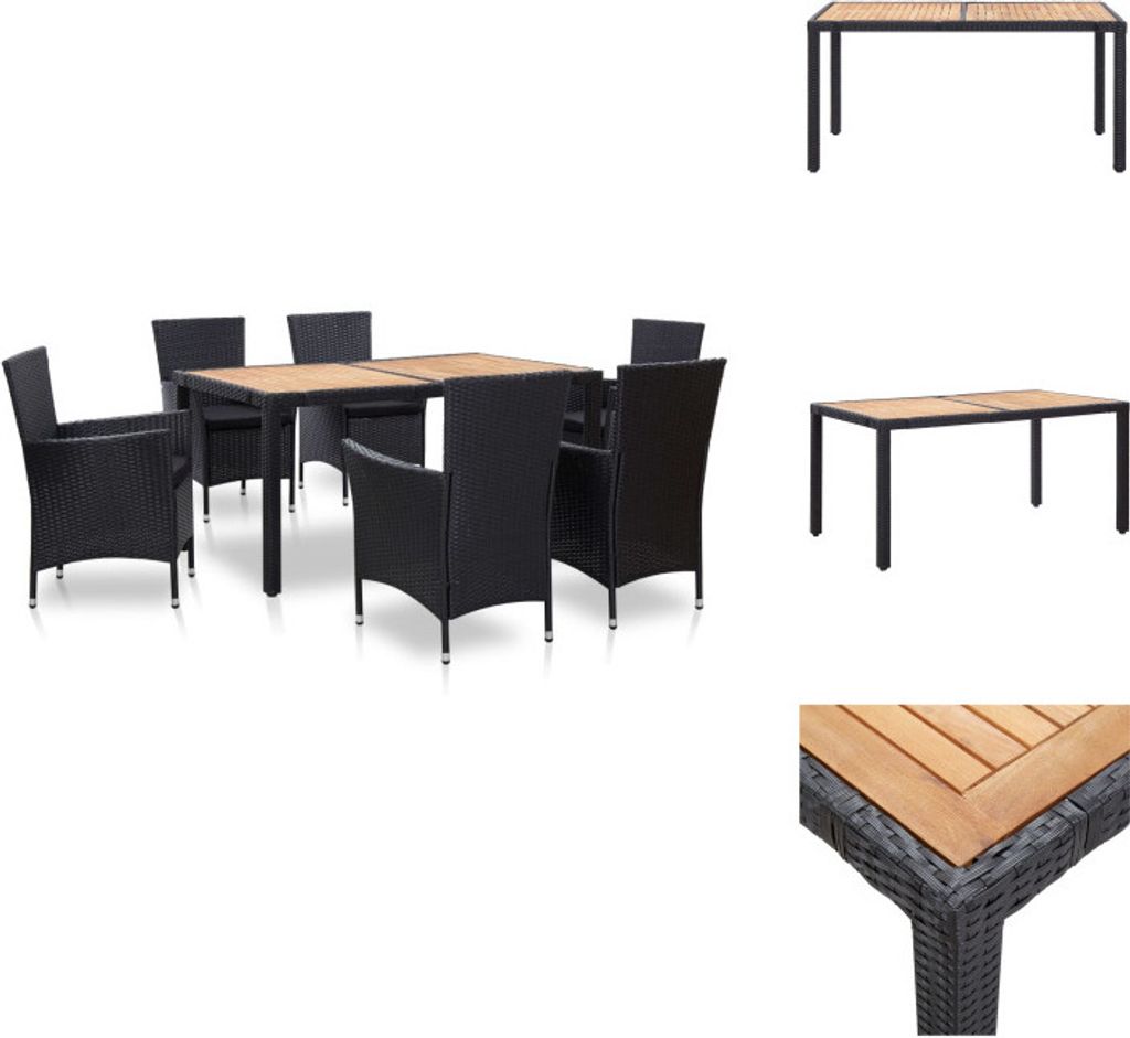 vidaXL 7-tlg. Garten-Essgruppe mit Auflagen Poly Rattan Schwarz - Gartenmöbel-Sets