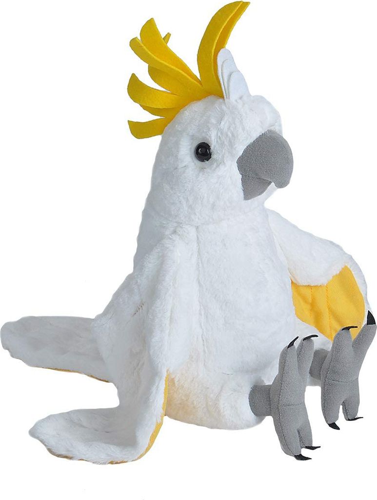 A stuffed toy cockatoo is shown sitting against a white background.
