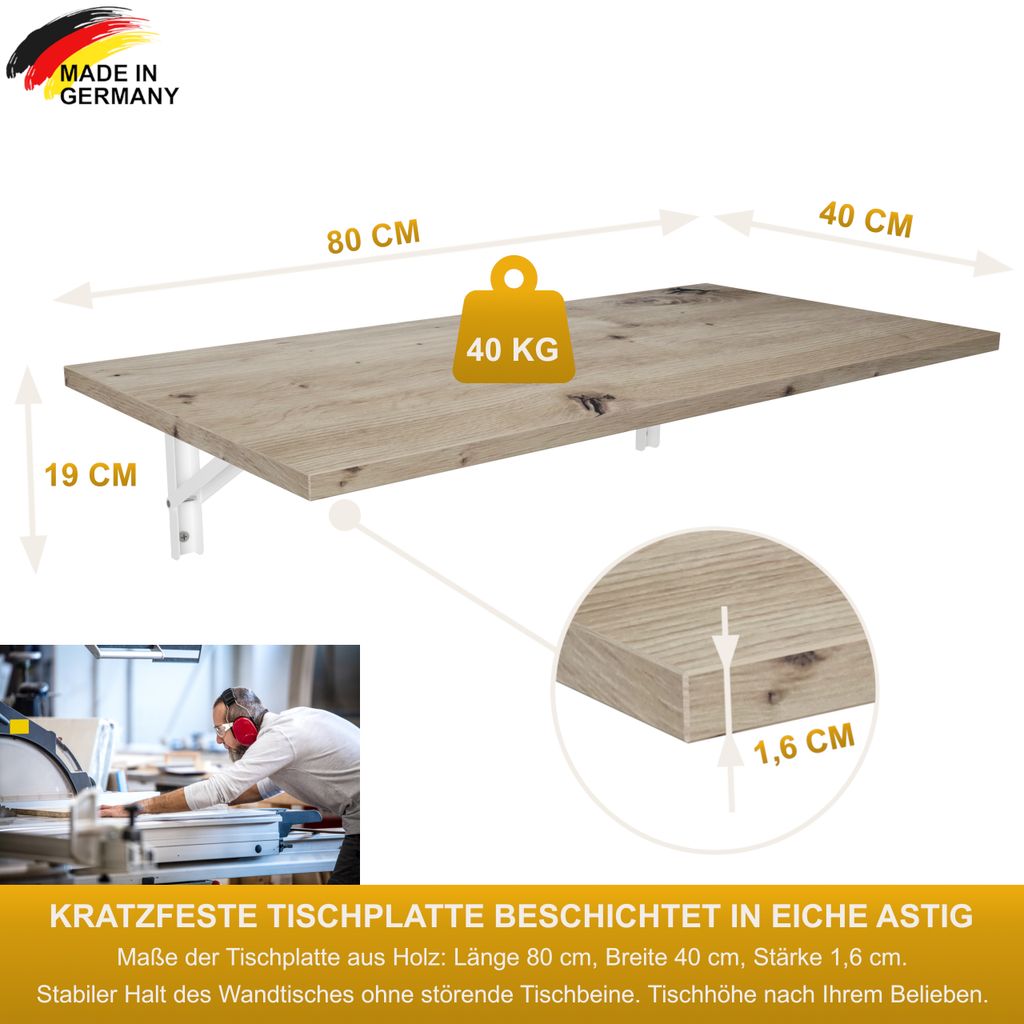 Wandklapptisch Schreibtisch Tischplatte 80x40 cm in Eiche Produktbild 4