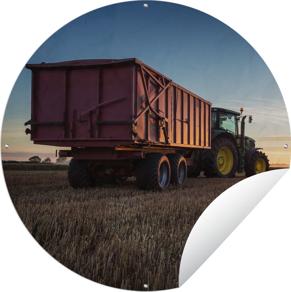 MuchoWow Gartenposter Outdoor-Poster Rund Traktor - Grün - Sonnenuntergang - Horizont - Grün - Landleben Ø 120 cm Gartendeko Rundes Poster dra...