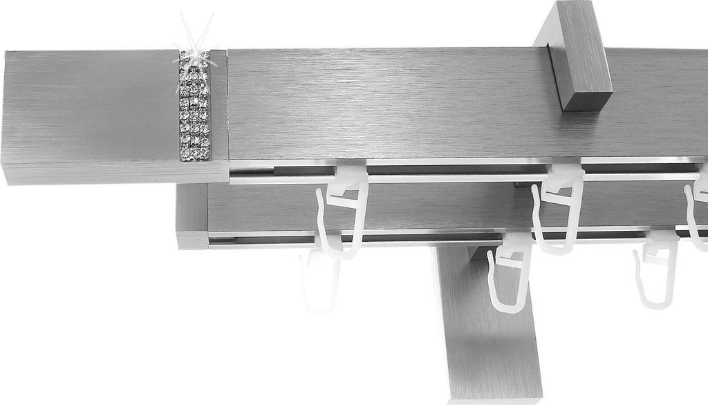Innenlauf Gardinenstange eckig Edelstahl Look, kantiges Design, Wandträger H95, 2-läufig, Länge 280, Endkappe E93