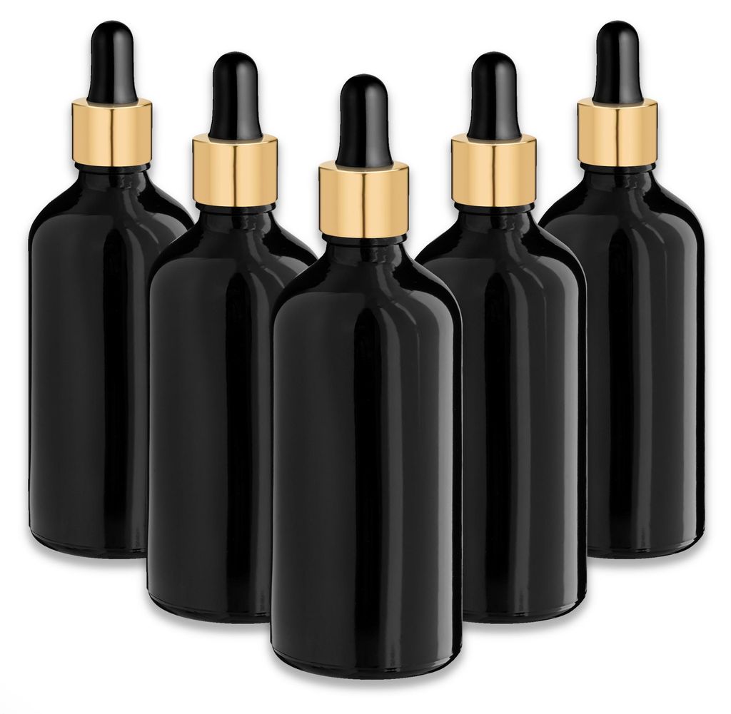 5x Schwarze Glasflasche 100 ml mit goldener Aluminium-Pipette leer Set
