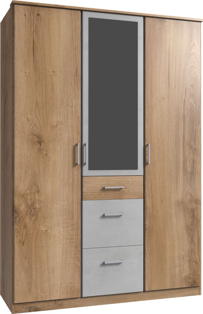 Kleiderschrank "Click" aus Spanplatte in Plankeneiche-Nachbildung mit 3 Schubladen und 3 Türen. Abmessungen (B/H/T) 135x198x58 cm