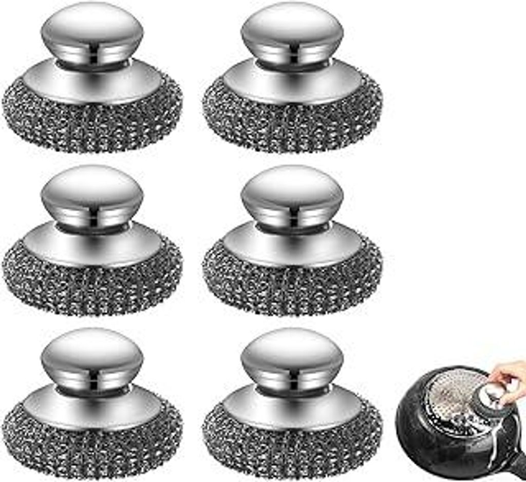 6er-Pack Edelstahlspiralen, Stahlwolle-Scheuerschwamm, Stahlschwamm mit Edelstahlgriff, ideal für hartnäckigen Schmutz in Töpfen und Pfannen, au...