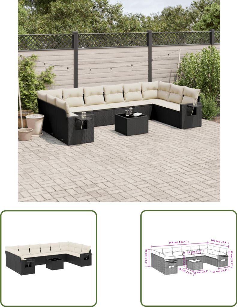 The Living Store 11-tlg. Garten-Sofagarnitur mit Kissen Schwarz Poly Rattan