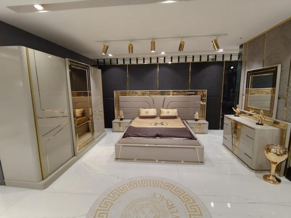 Schlafzimmer Komplettes Bett 2x Nachttische Kleiderschrank Kommode mit Spiegel