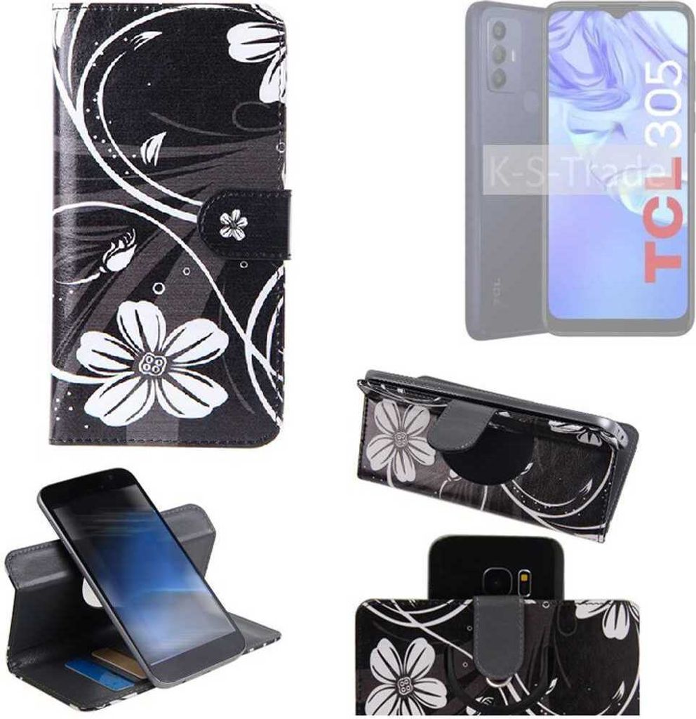 K-S-Trade Schutzhülle Handyhülle kompatibel mit TCL 305 Hülle 360° Wallet Case “Flowers“ Klapphülle Hülle schwarz-weiß 1x