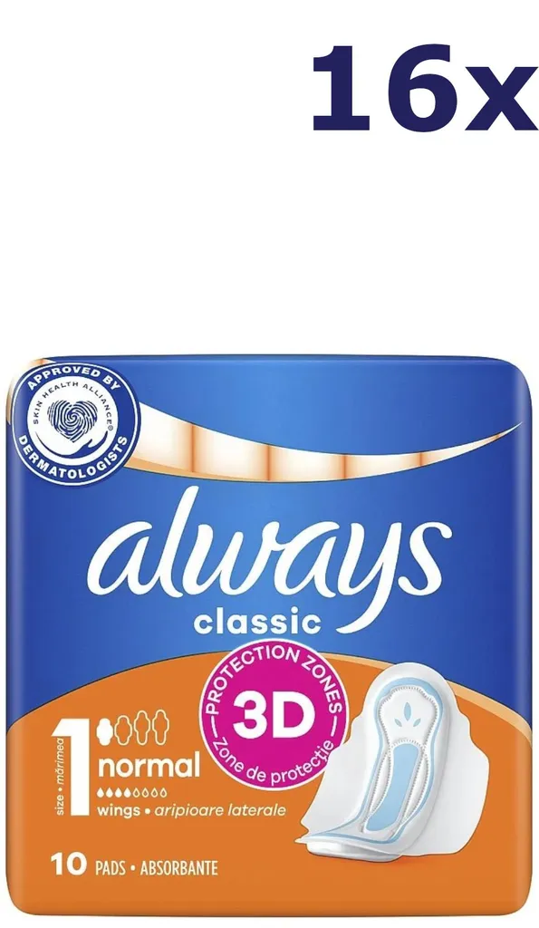 Pack de 16 Always Classic Serviettes Taille 1 à Ailettes Protection Flux