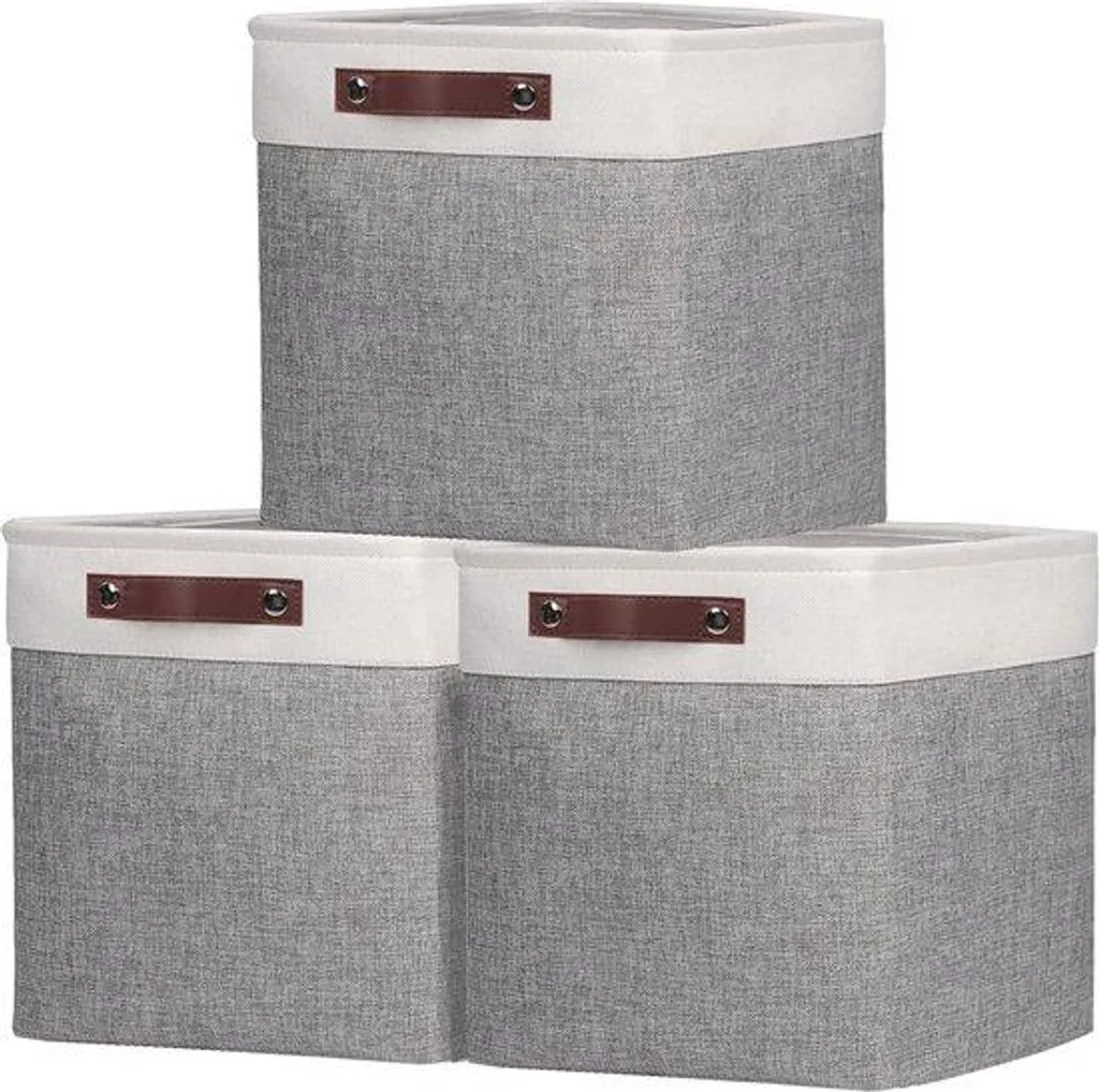 Boîte de rangement 30x30 tissu bicolore blanc/gris avec poignées