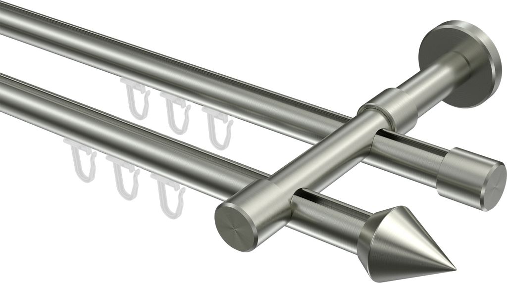 Interdeco Innenlaufstange / Gardinenstange mit Innenlauf Edelstahl-Optik, Typ Sinux Castello (Doppelkegel), 16 mm Ø 2-läufig, 140 cm