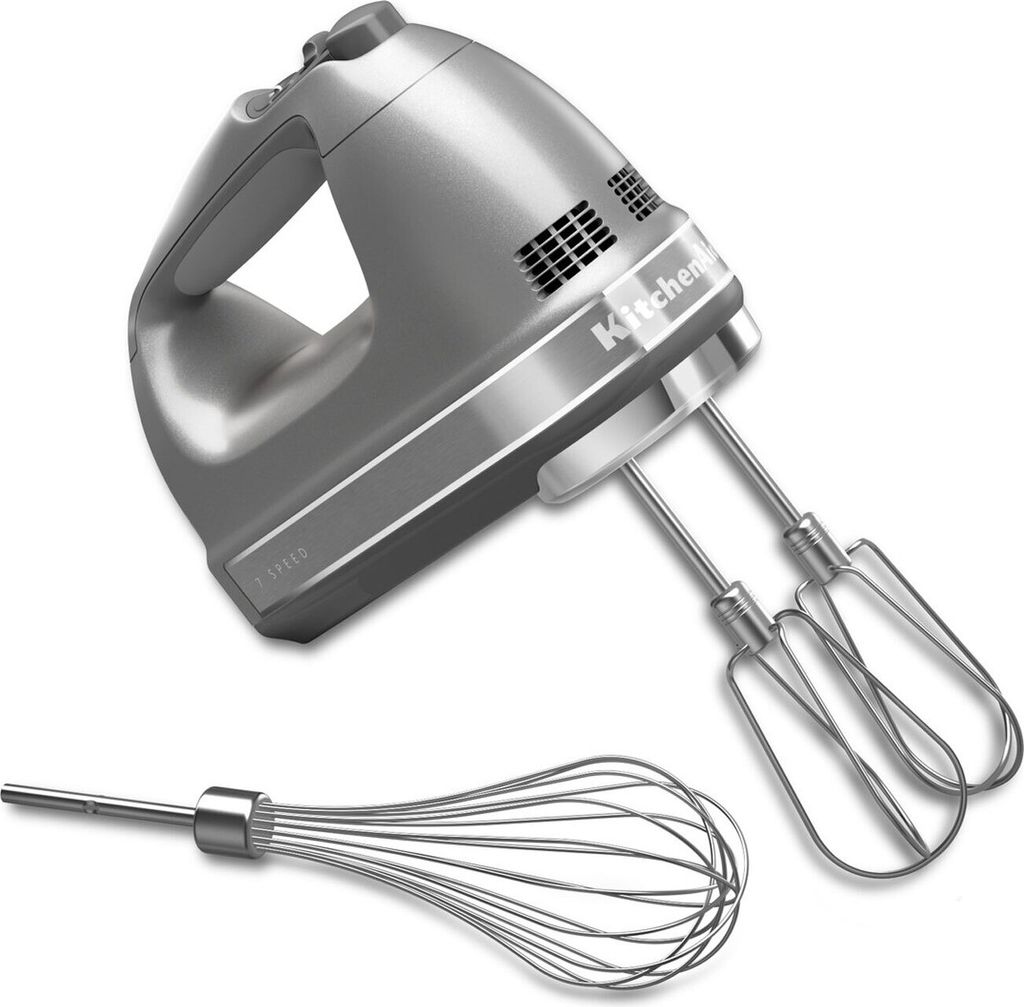 A silver hand mixer and whisk accessory against a white background.