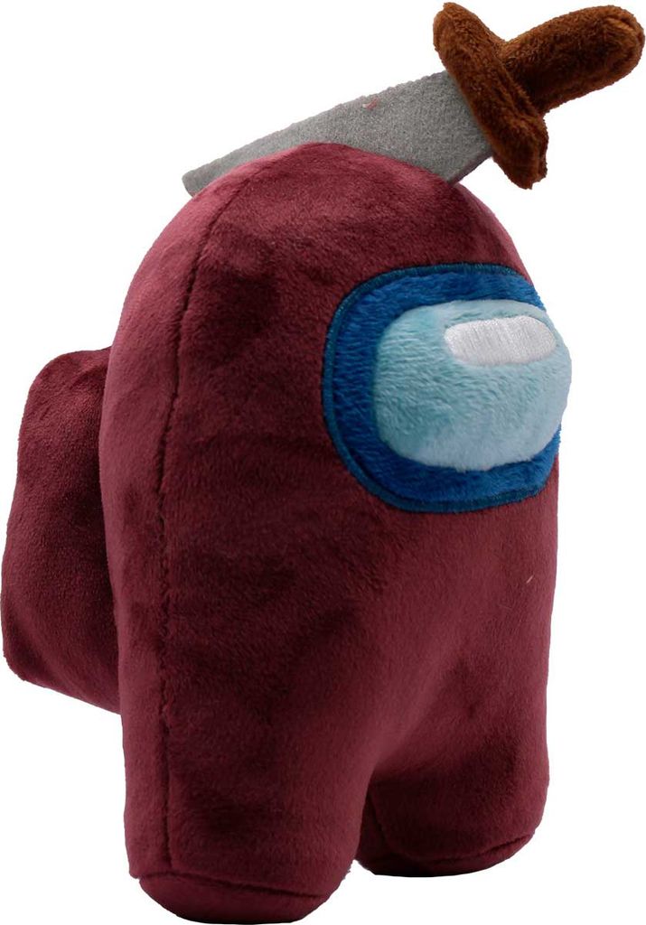 A plush toy of a character from the game Among Us, with a knife sticking out of its back.