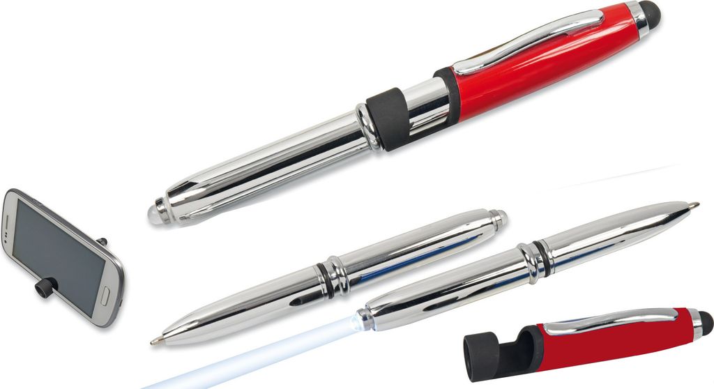 5x LED Touchpen Kugelschreiber / mit Licht und Smartphone Halterung / silber-rot