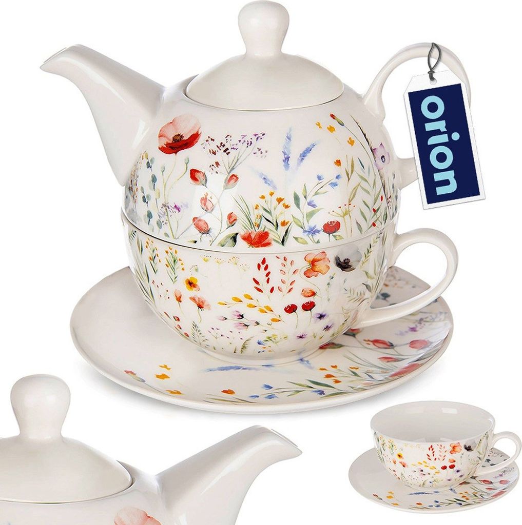 Orion Teekanne mit Tasse und Untertasse Kanne mit Teetasse aus Porzellan weiß MOHNBLUMEN 3-tlg.