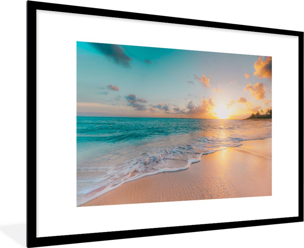 MuchoWow Gerahmtes Poster Sonnenuntergang - Strand - Meer - Sommer - Blau 90x60 cm - Poster mit Schwarzem Bilderrahmen Wandposter Rahmen Foto Bil...