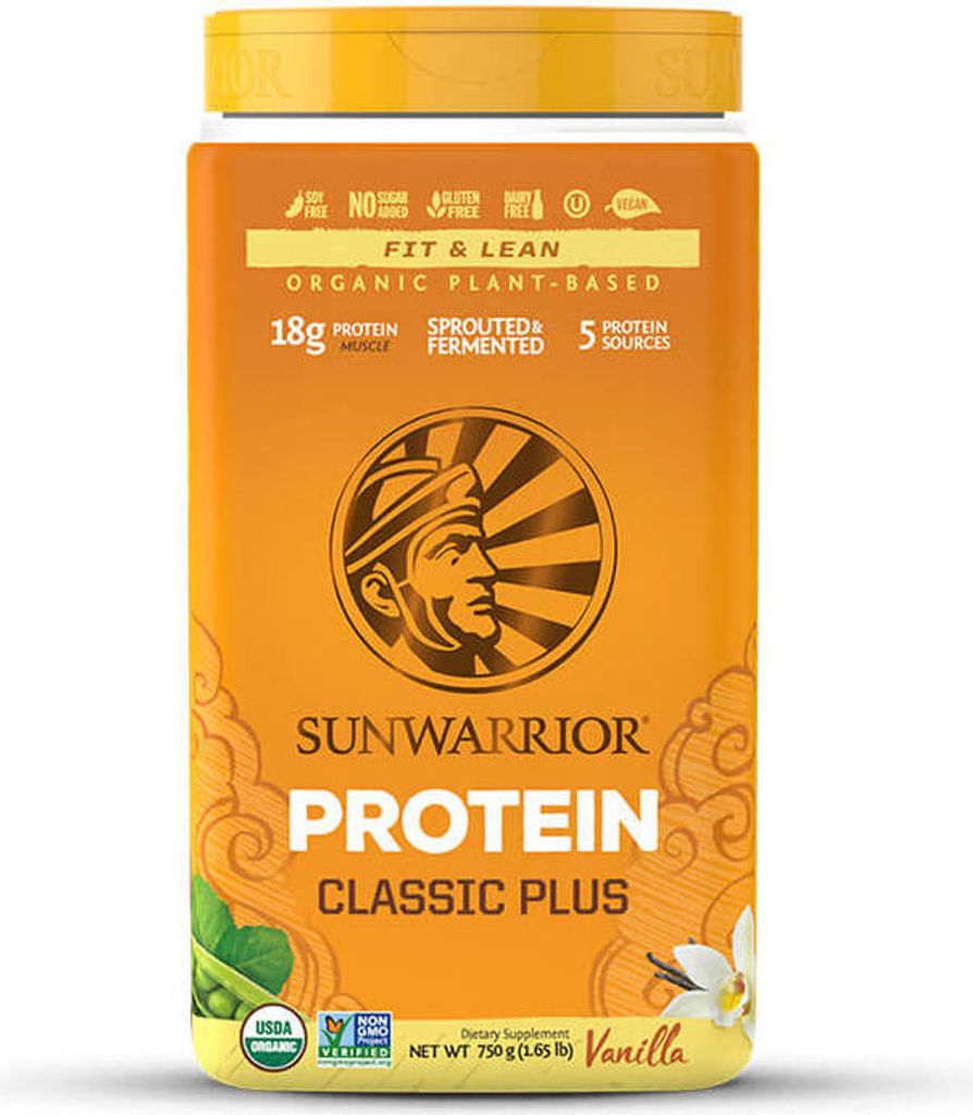 A product shot of a Sunwarrior Classic Plus Organic Vanilla protein powder container.