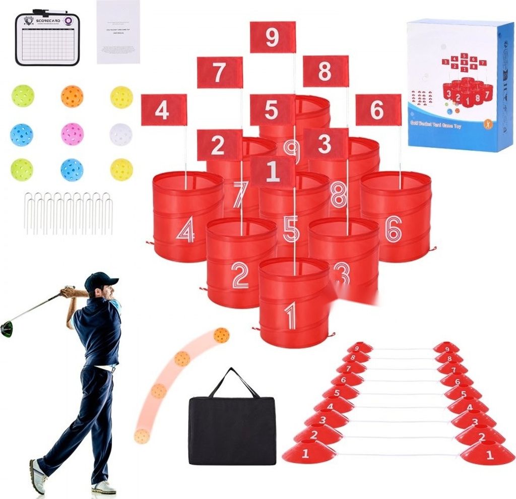 A collection of items for a golf game, including buckets, flags, balls, a golfer, and a carrying case.