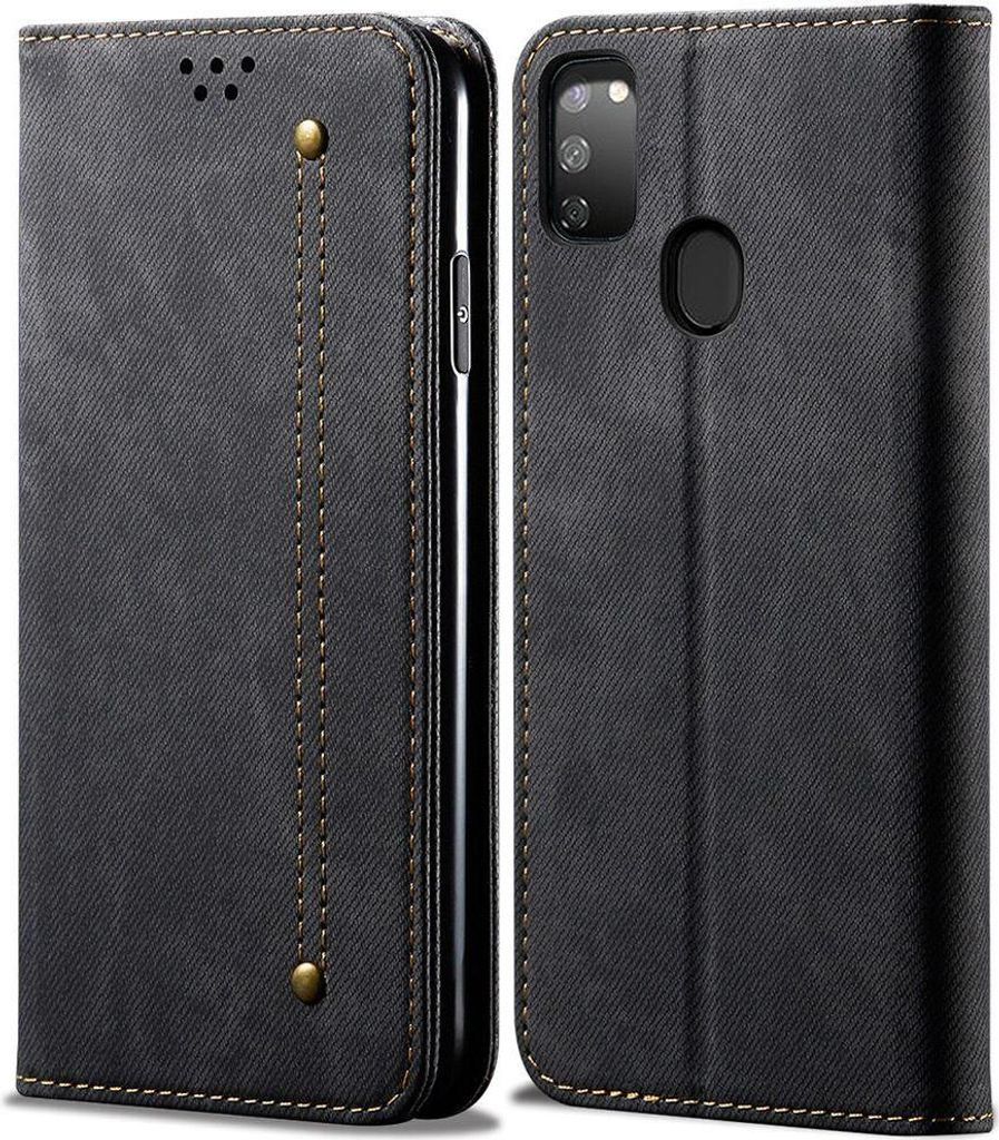 Galaxy M30S Hülle, LaimTop Denim Leder Brieftasche Magnetverschluss Flip Bookstyle Schutzhülle mit Standfunktion für Samsung Galaxy M30S Schwarz