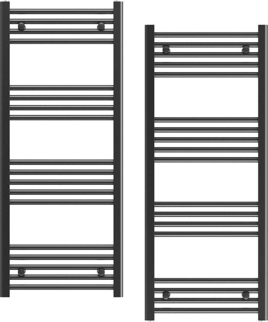 Two black towel radiators are shown side-by-side against a white background.