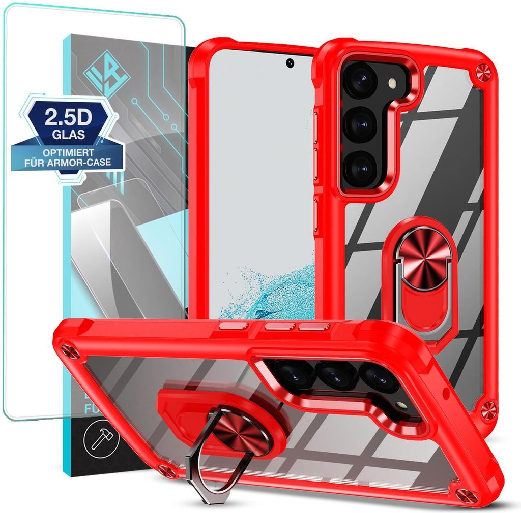 Handyhülle für Samsung Galaxy S23 mit 9H Displayglas Displayschutz High Tech Case Schutz SmartphonehülleTransparent Aufprallschutz Farbe: Rot