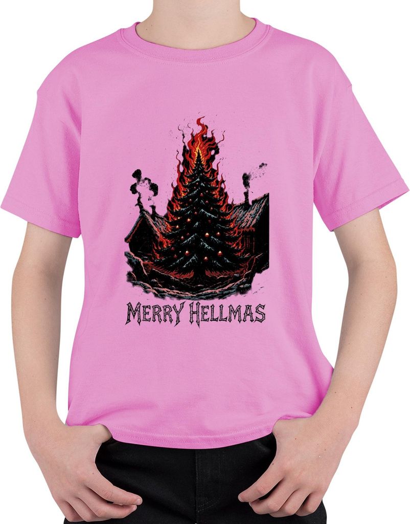 Merry Hellmas brennender Weihnachtsbaum Feuer düster Gothic Uni Kinder T-Shirt, Pink, 152