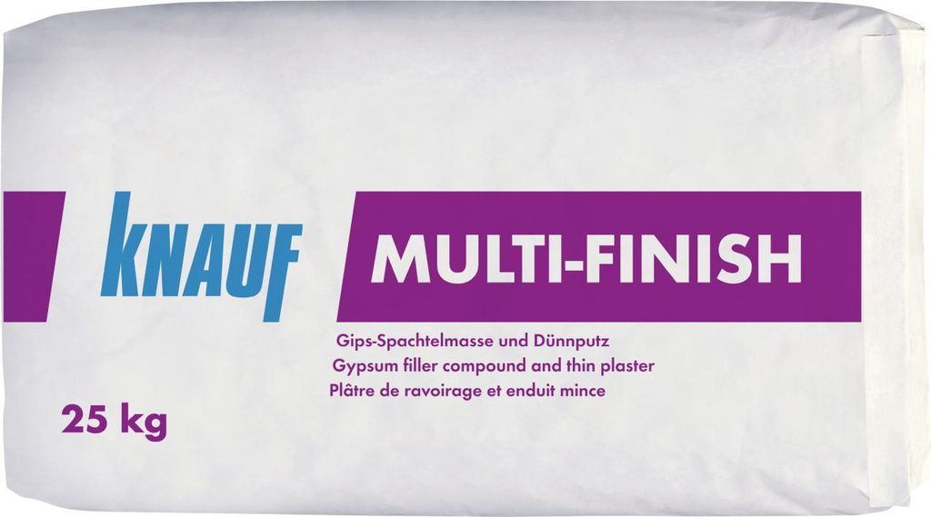 A bag of KNAUF MULTI-FINISH gypsum filler compound and thin plaster.