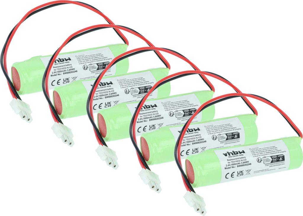 vhbw 5x Akku Ersatz für Schneider TD310232 für Fluchtweg, Notfallbeleuchtung (1600 mAh, 2,4 V, NiCd)