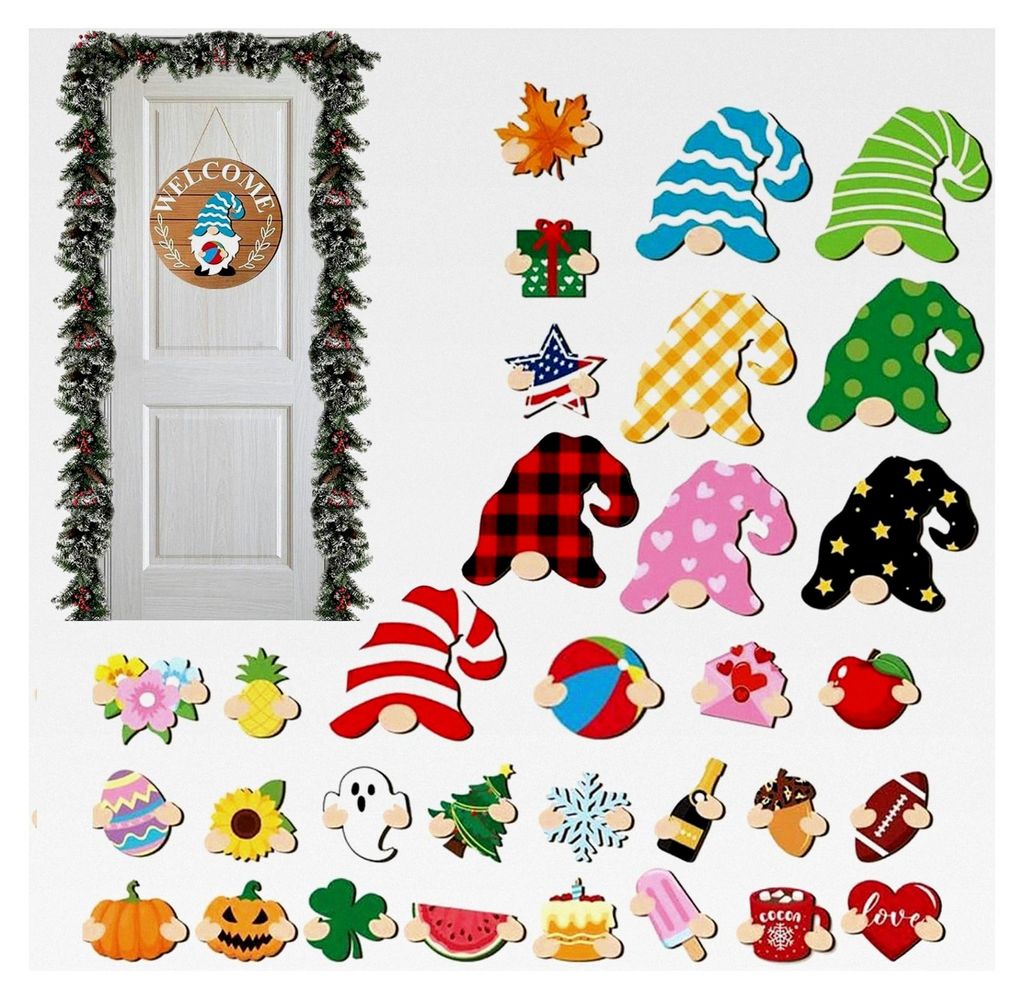 Gartenzwerg Türschild | Austauschbare Holzkranzdekoration für Halloween - Für Zuhause, Küche, Wand, Klassenzimmer, Winter, Herbst, Feiertage, W...