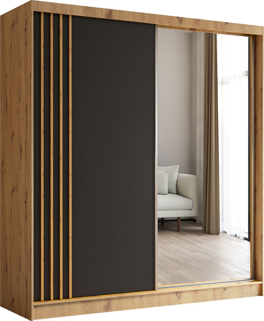 ALTDECOR Kleiderschrank mit Spiegel und Schiebetüren, kugelgelagerte Führungsschienen und Aluminium-Leisten, LED-Beleuchtung (16 Farben) und Fern...